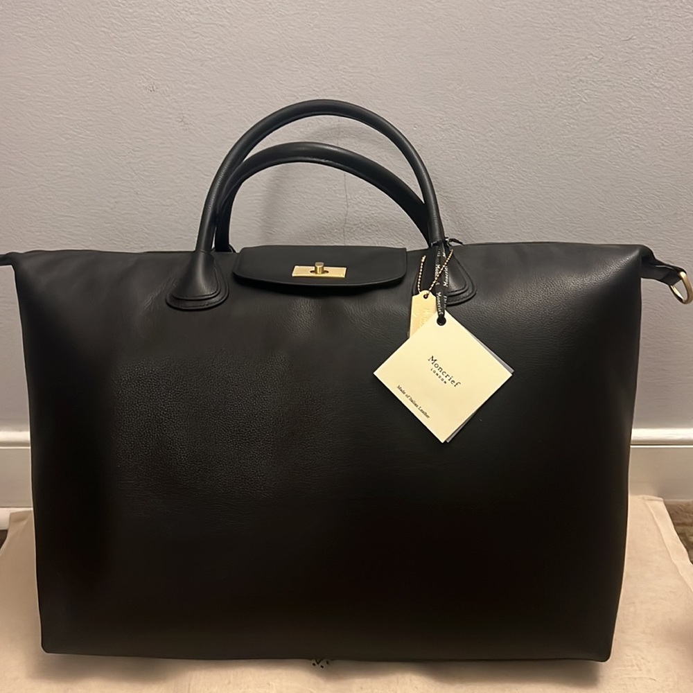 NWT Moncrief London Annie Italian Leather Oversized Weekender Black Travel Bag